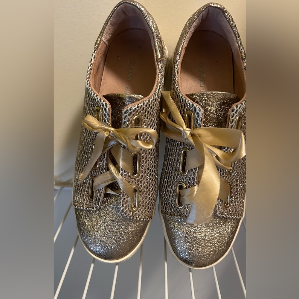 Gianni Bini Gold Metallic Sneakers with Satin Ribbon Laces